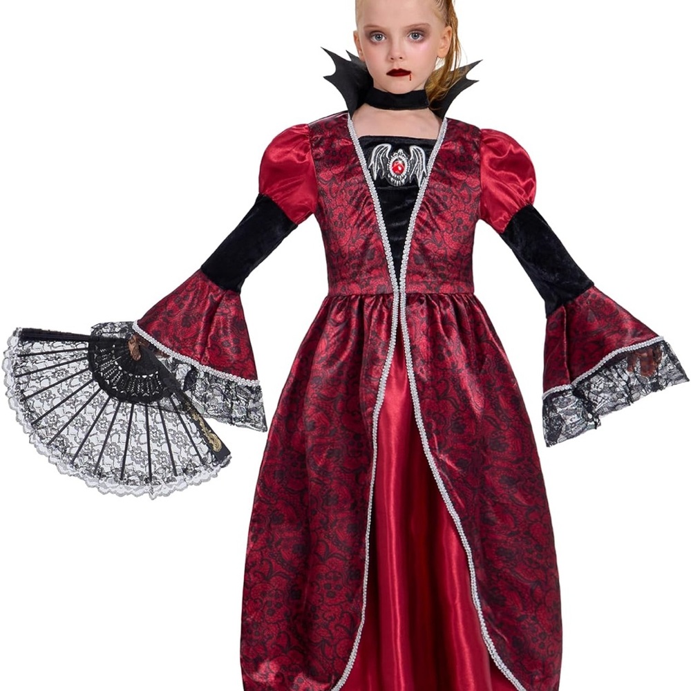 Girls Gothic Vampire Costume Dress Red Black Lace Halloween Size 10-12 Cosplay